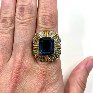 Mid 20th Century Jomaz Art Deco Style Blue and Clear Rhinestone Cocktail Ring